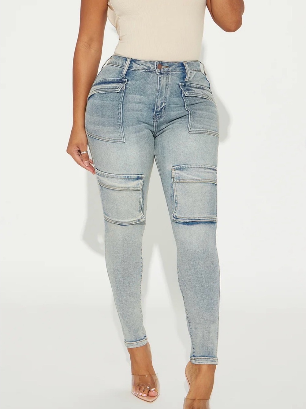 Fashion Nova Light Blue High-Rise Cargo Pocket Skinny Jeans
